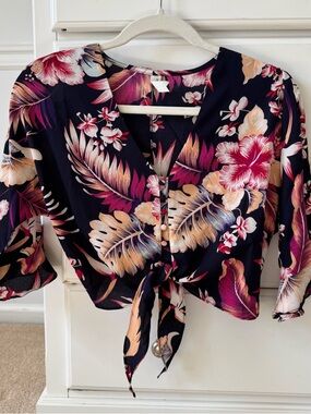 Floral Tie-Front Crop Top in Navy with Pink & Cream Blooms